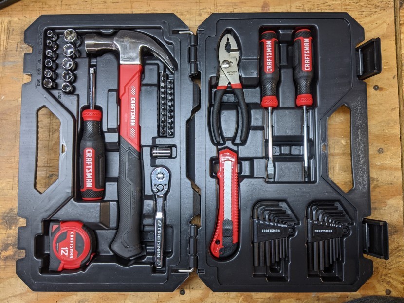 Craftsman 57-Piece Home Kit tools including hammer and screwdrivers