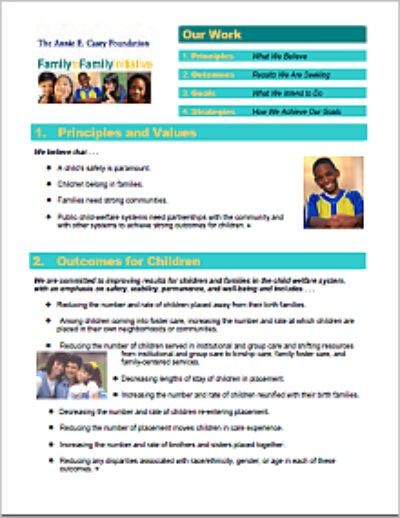 Flyer Cover of Family to Family Our Work highlighting principles outcomes goals and strategies