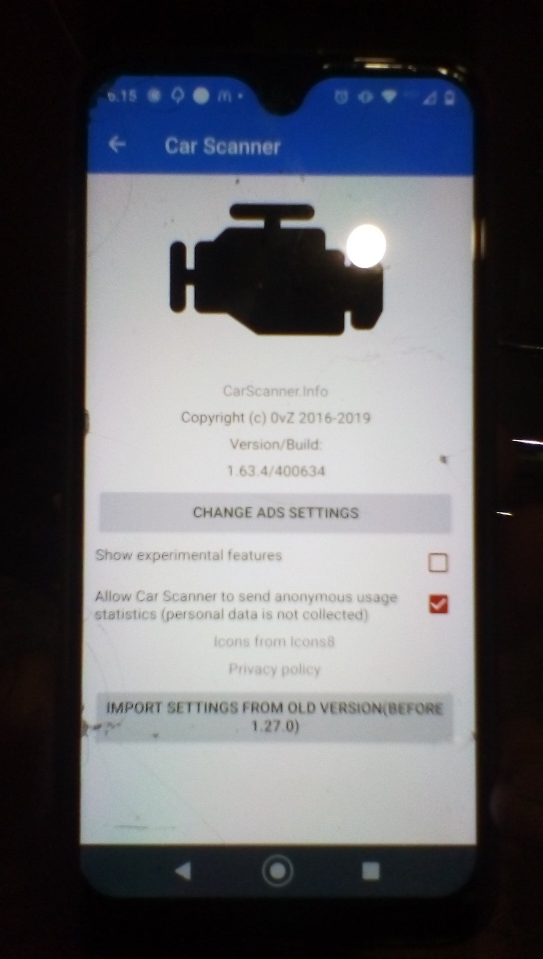 Android car scanner app interface showing vehicle selection and diagnostic results