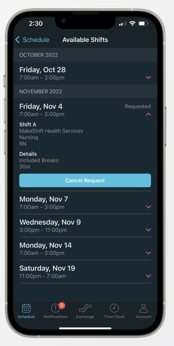 Employees can readily view available shifts when they want to pick up an extra shift using MakeShift's Available Shift Access feature