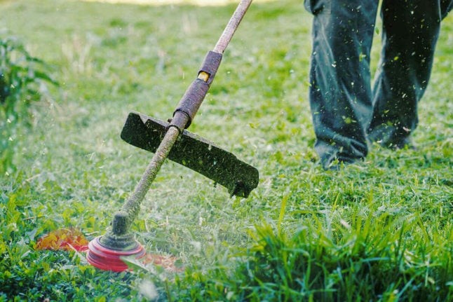 Professional string trimmer in action, cutting grass edges for lawn maintenance.