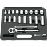 A comprehensive socket set with ratchet, various sockets and extensions, essential hand tools for car repair.