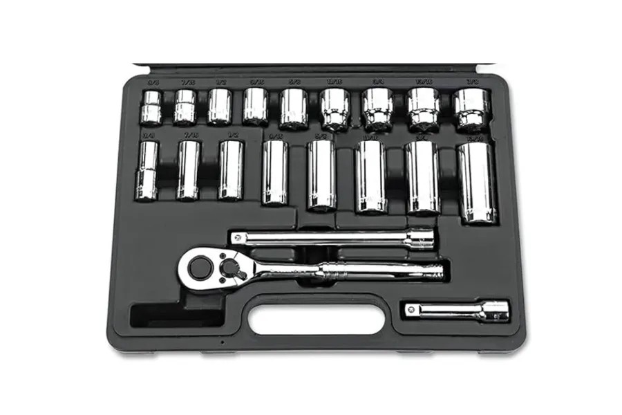 A comprehensive socket set with ratchet, various sockets and extensions, essential hand tools for car repair.