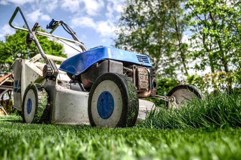 Red lawn mower cutting green grass in a field