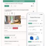 alt text: a hand holding a digital tablet displaying a checklist for a care home audit